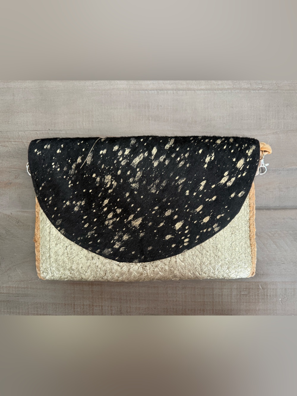 Boho Black & Gold Cowhide Raffia Clutch Crossbody Bag Braided Strap